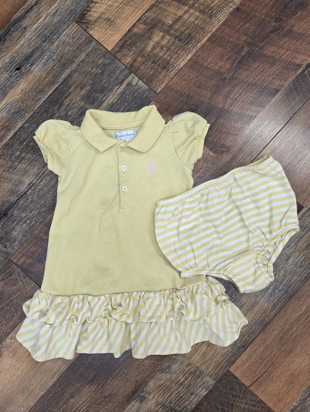 Ralph Lauren Yellow & White Polo Dress with Striped Bloomers, Size 9 Months